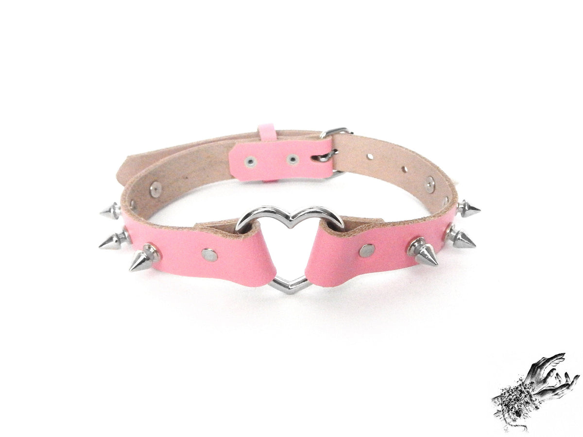 Pink Leather Studded Heart Ring Choker