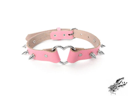 Pink Leather Studded Heart Ring Choker