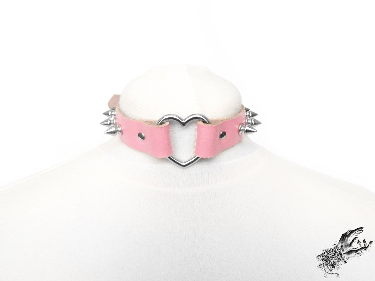Pink Leather Studded Heart Ring Choker