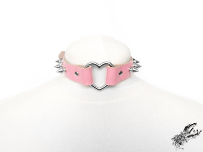 Pink Leather Studded Heart Ring Choker