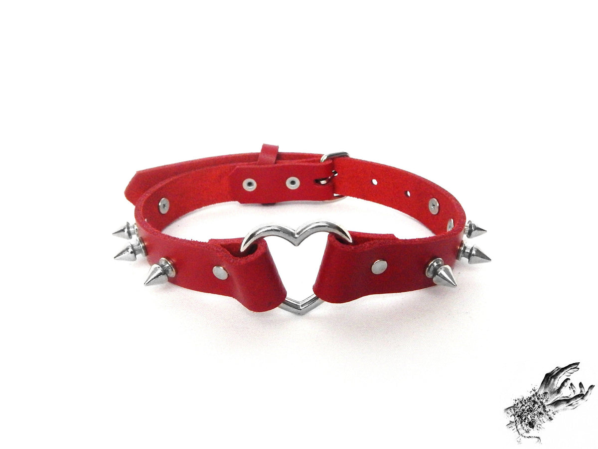 Red Leather Studded Heart Ring Choker