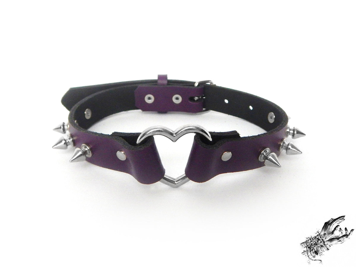 Purple Leather Studded Heart Ring Choker