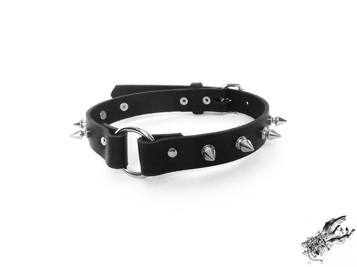 Black Leather Studded O Ring Choker