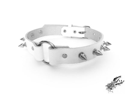 White Leather Studded O Ring Choker