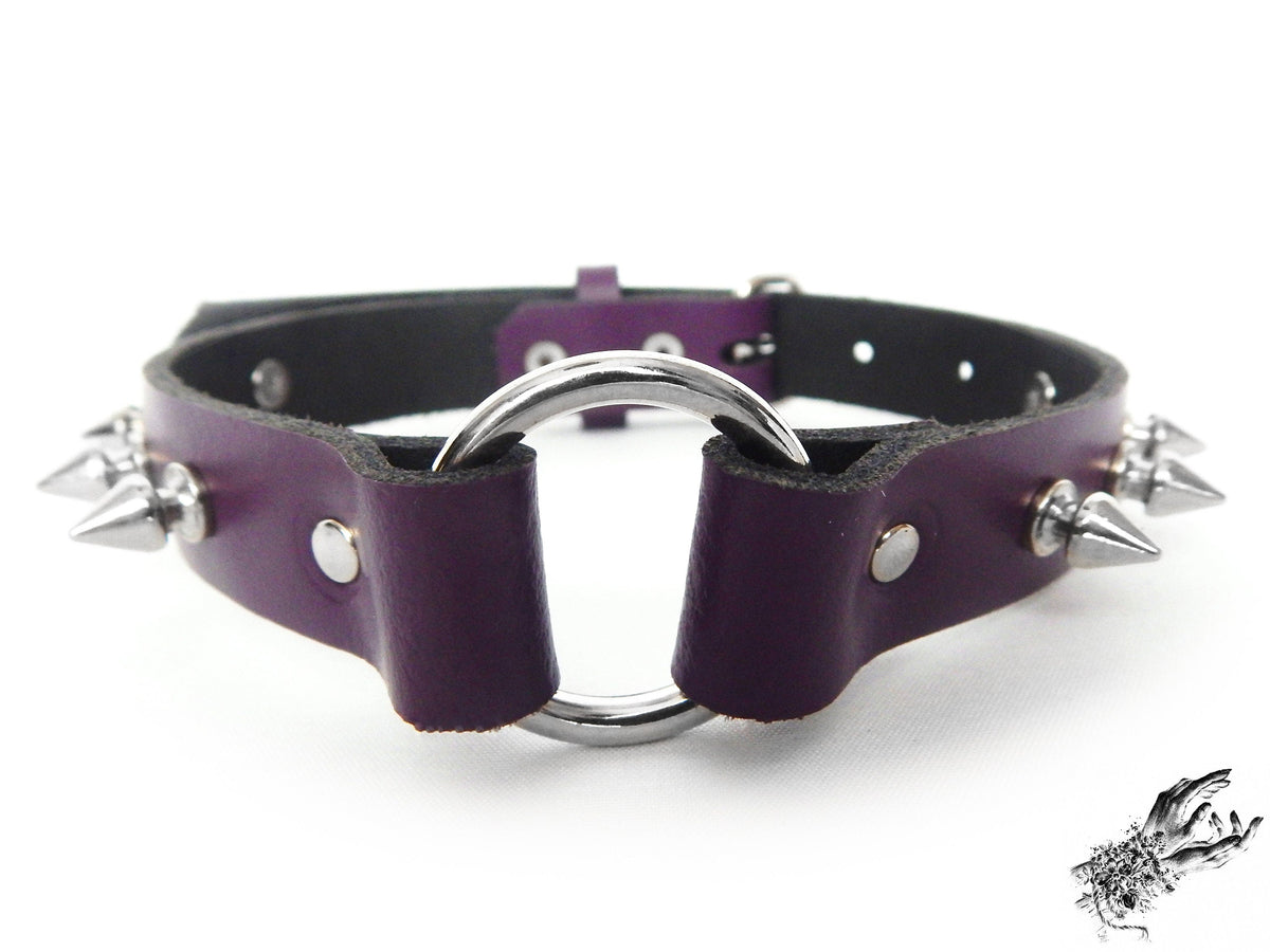 Purple Leather Studded O Ring Choker