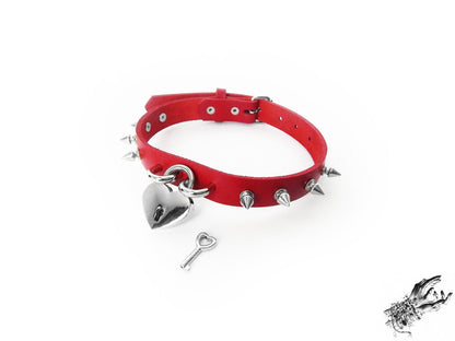 Red Studded Heart Padlock Choker with Key