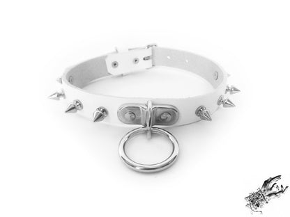 White Leather Studded D and O Ring Choker