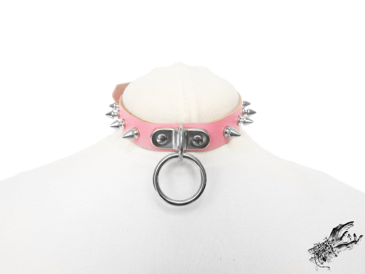 Pink Leather Studded D and O Ring Choker