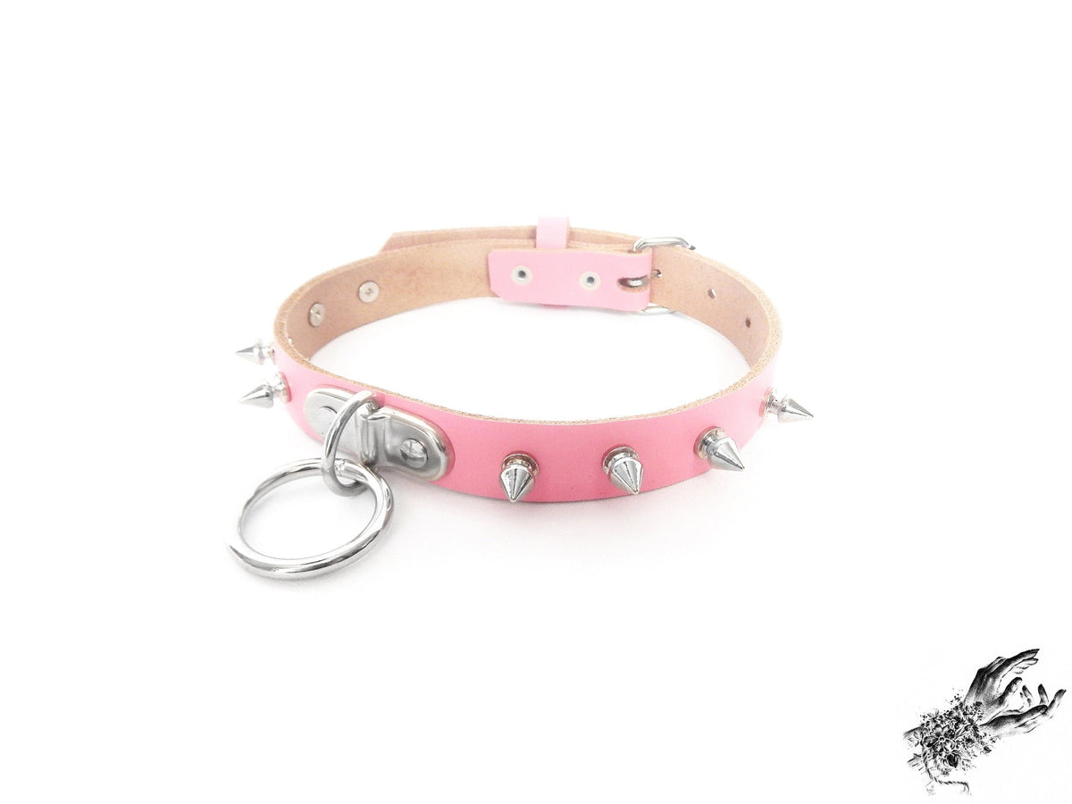Pink Leather Studded D and O Ring Choker