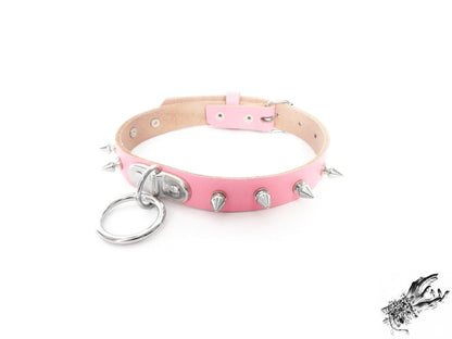 Pink Leather Studded D and O Ring Choker