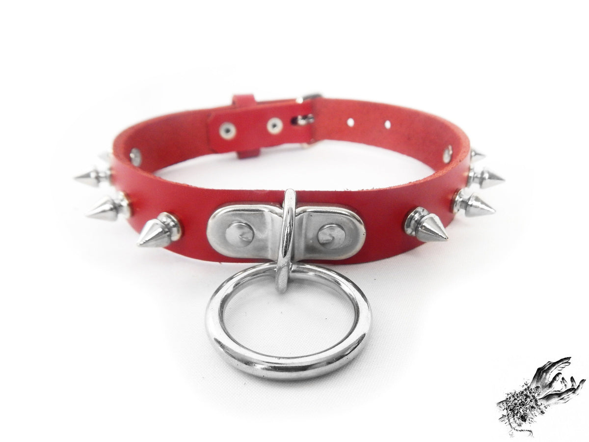 Red Leather Studded D and O Ring Choker