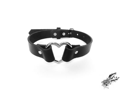 Black Leather Heart Ring Choker