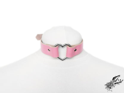 Pink Leather Heart Ring Choker
