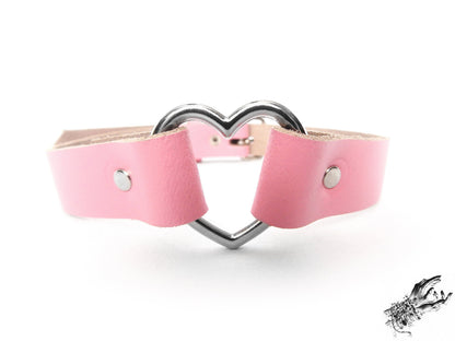 Pink Leather Heart Ring Choker