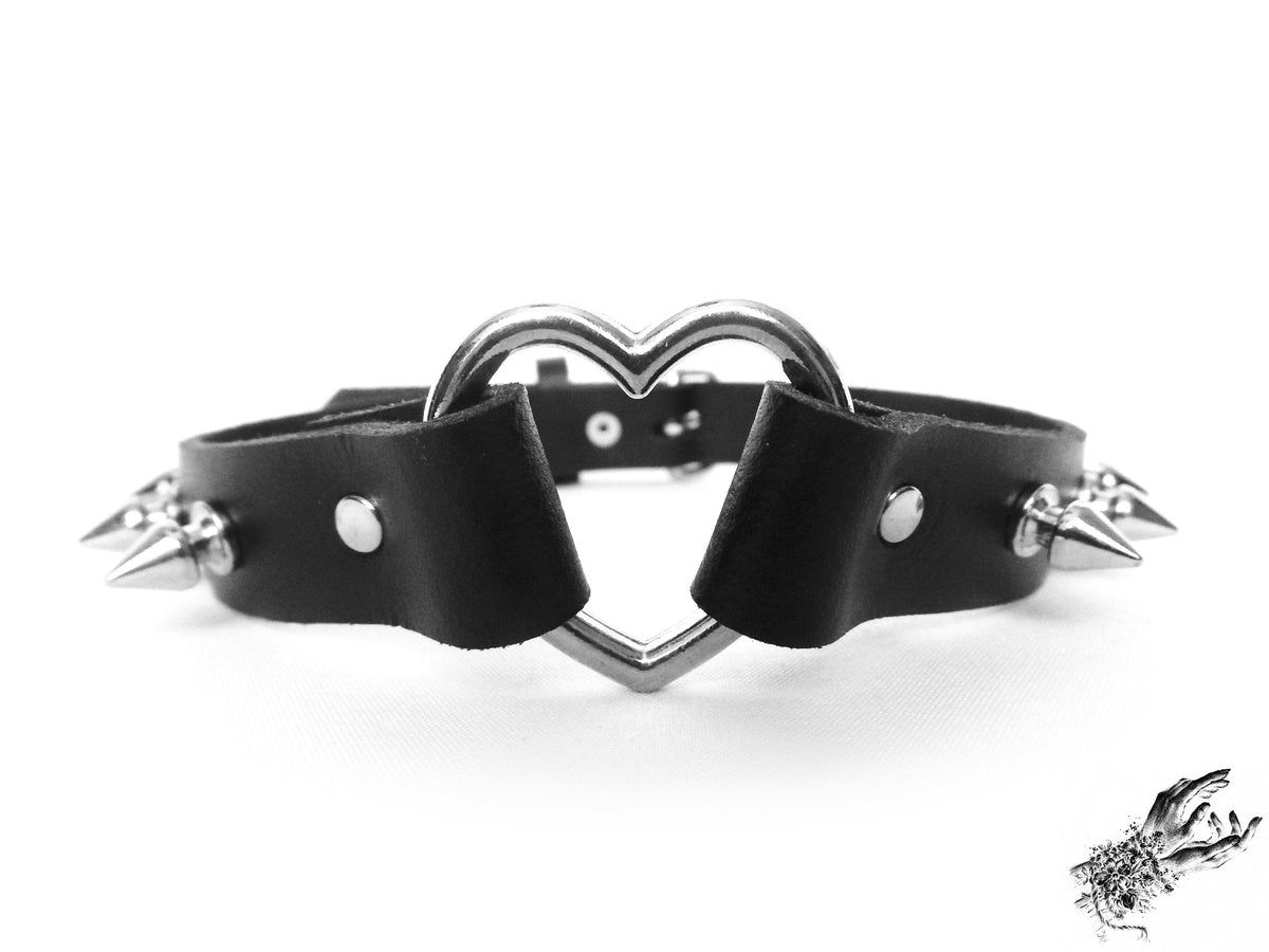 Black Leather Studded Heart Ring Choker