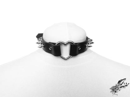 Black Leather Studded Heart Ring Choker