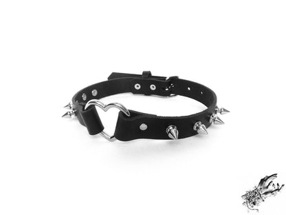 Black Leather Studded Heart Ring Choker