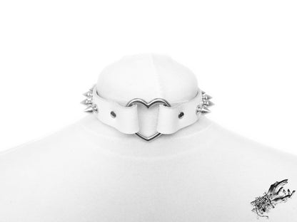 White Leather Studded Heart Ring Choker