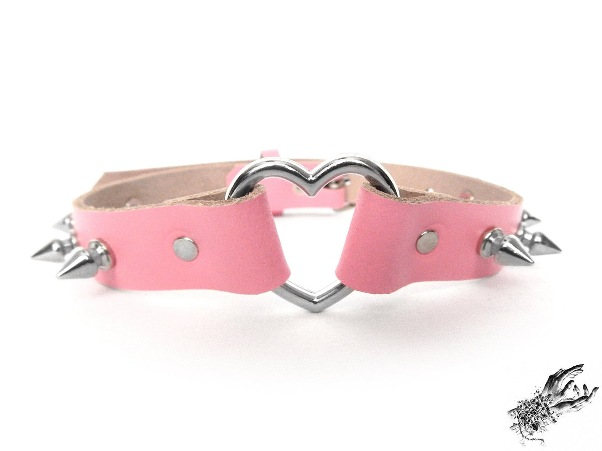 Pink Leather Studded Heart Ring Choker