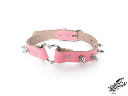 Pink Leather Studded Heart Ring Choker