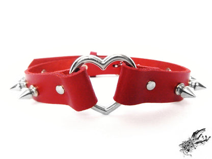 Red Leather Studded Heart Ring Choker