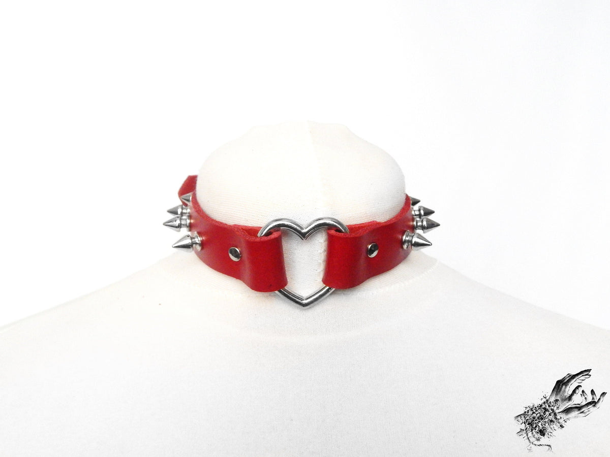 Red Leather Studded Heart Ring Choker