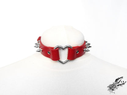 Red Leather Studded Heart Ring Choker