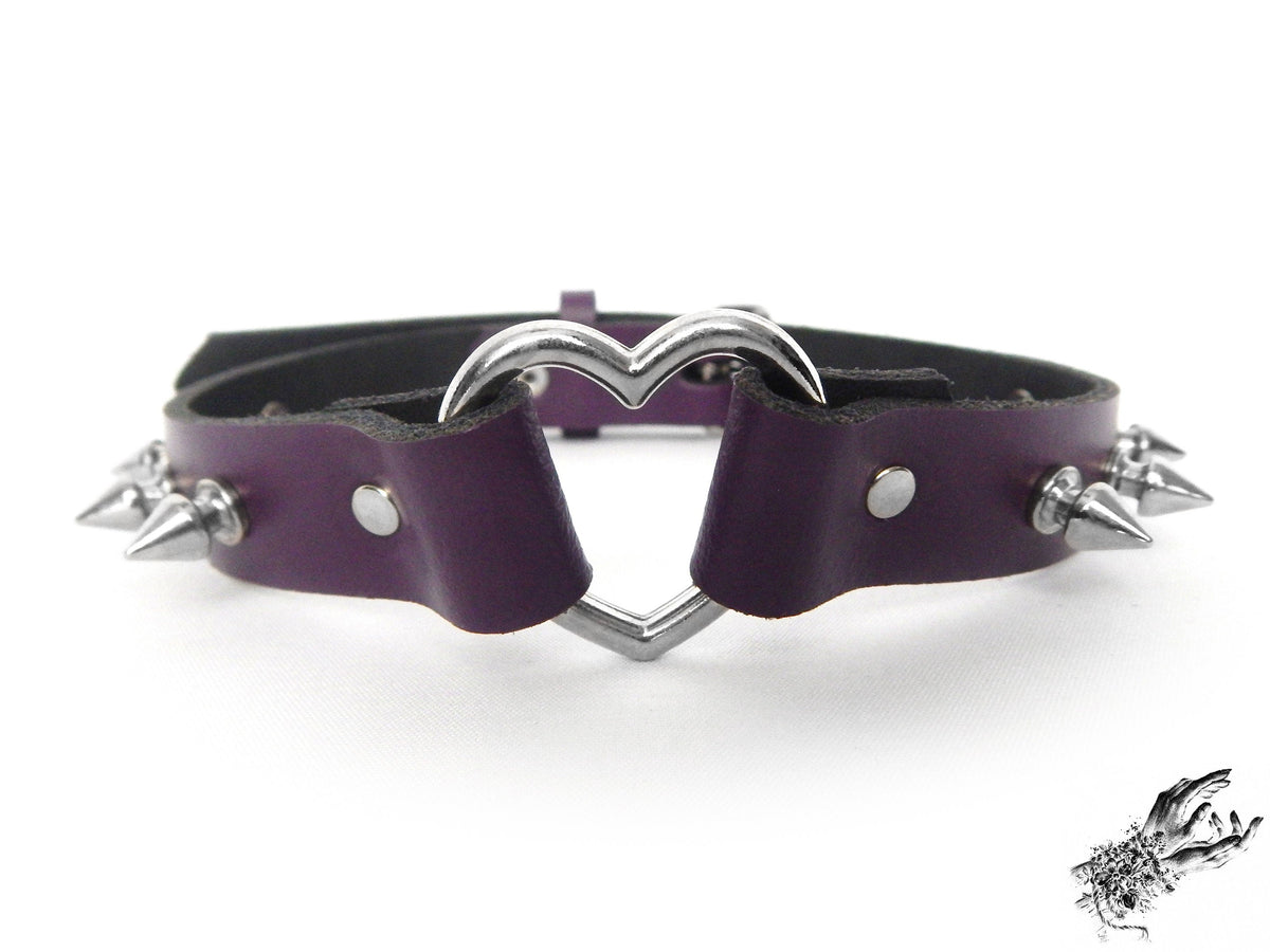 Purple Leather Studded Heart Ring Choker