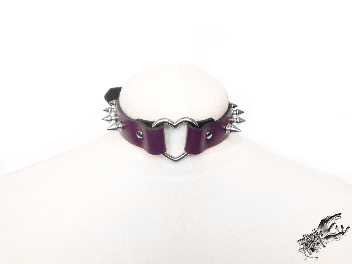 Purple Leather Studded Heart Ring Choker