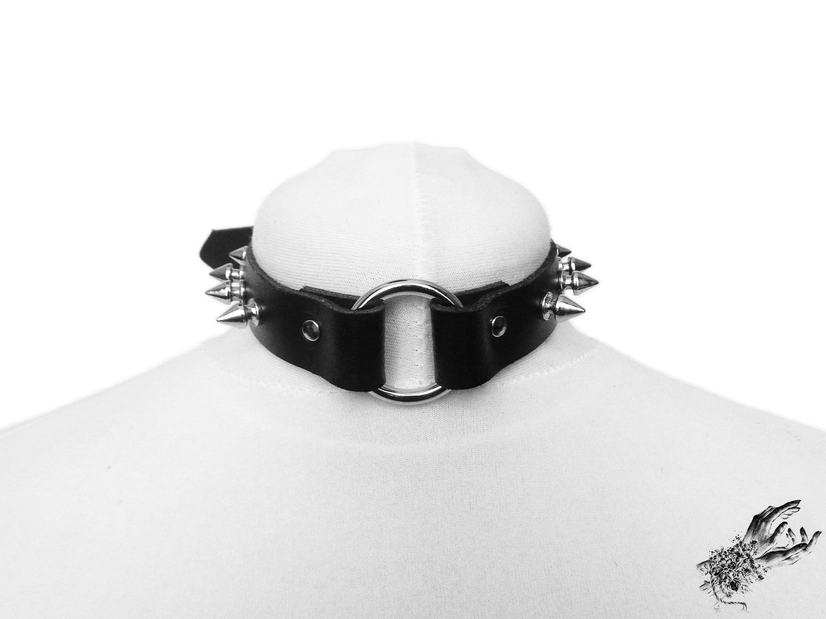 Black Leather Studded O Ring Choker