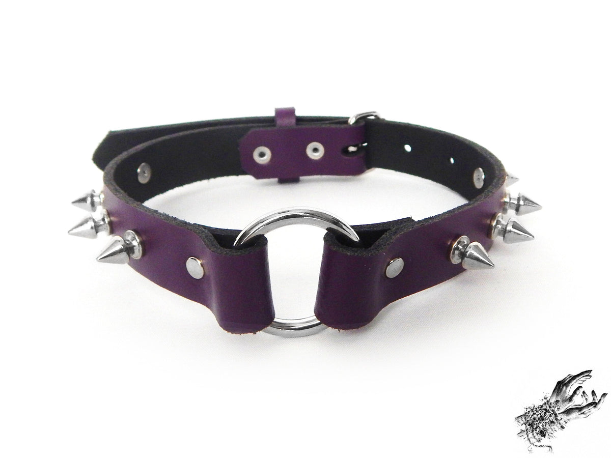 Purple Leather Studded O Ring Choker