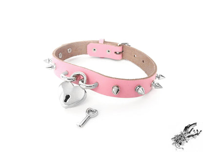 Pink Studded Heart Padlock Choker with Key