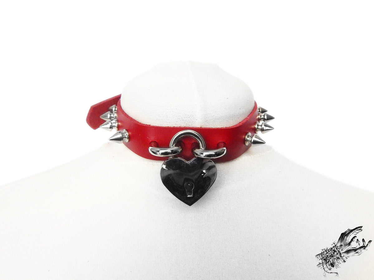 Red Studded Heart Padlock Choker with Key