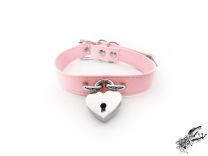 Pink Faux Leather Heart Padlock Choker