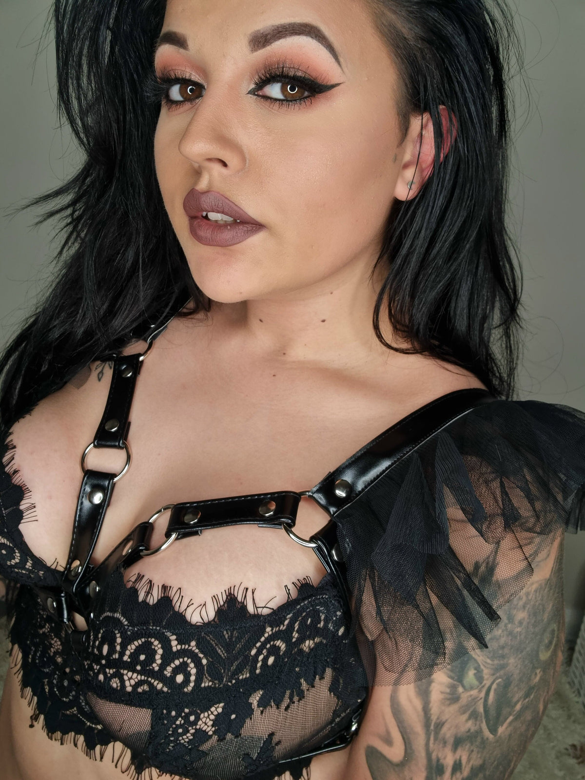 Black Vegan Leather Ruffled Harness Bra