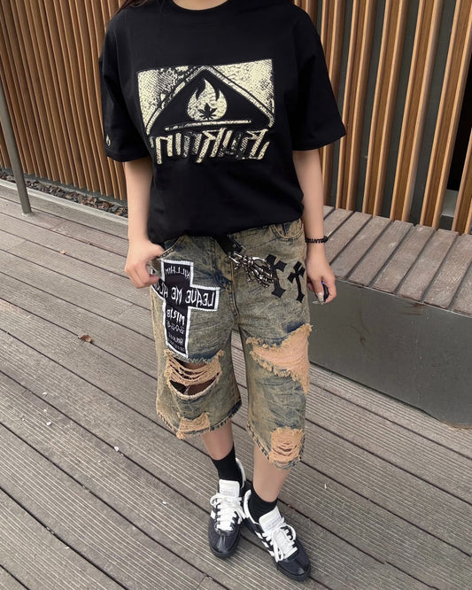 Distressed Gothic Patchwork Denim Shorts with Chains