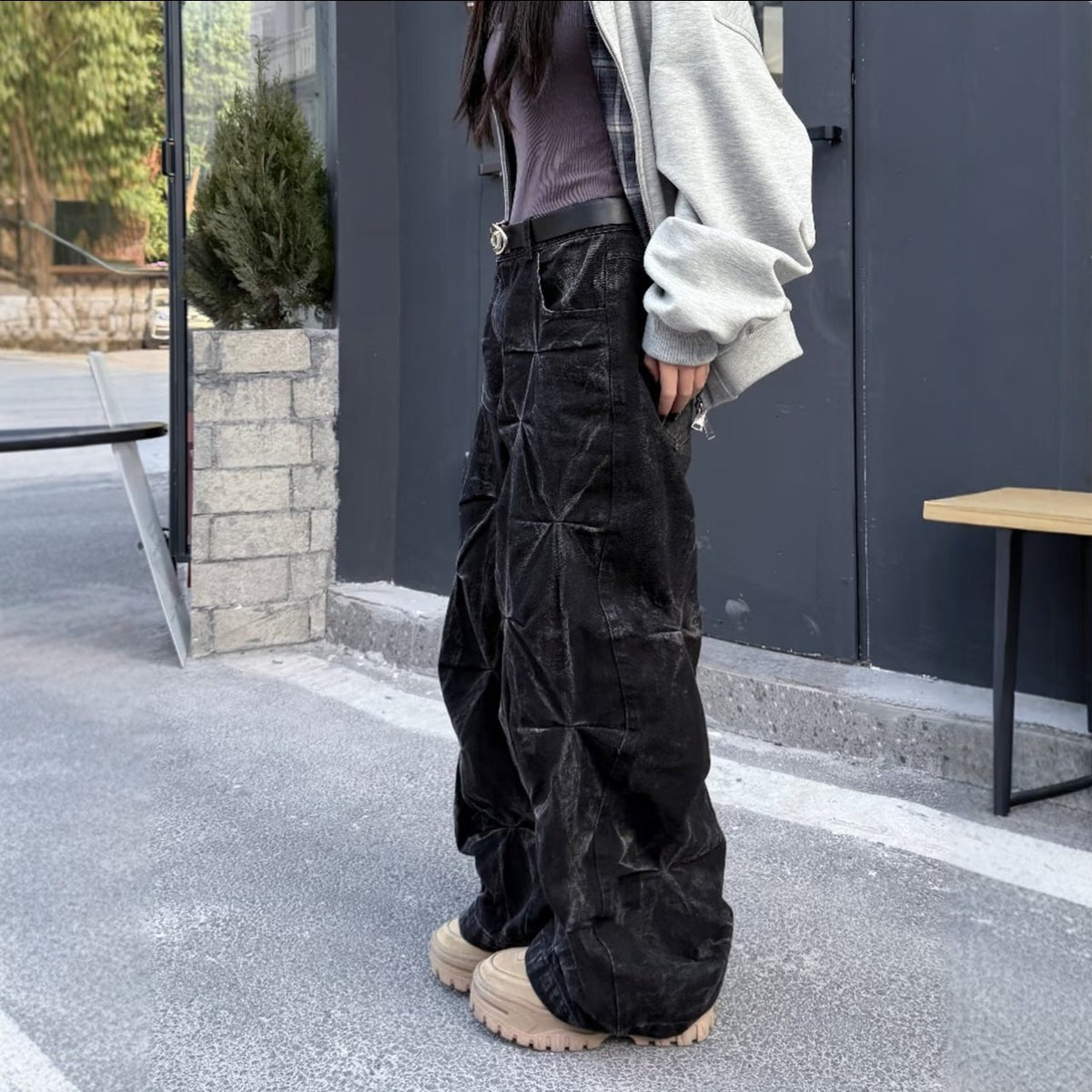 Crinkled Denim Cargo Pants