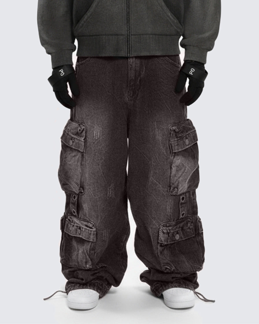 Multi-Pocket Washed Denim Pants