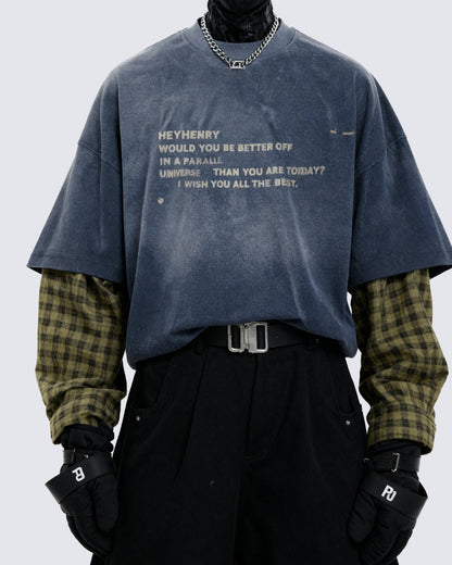 Mock Two-piece Retro Letter Printed Long Sleeve T-shirt