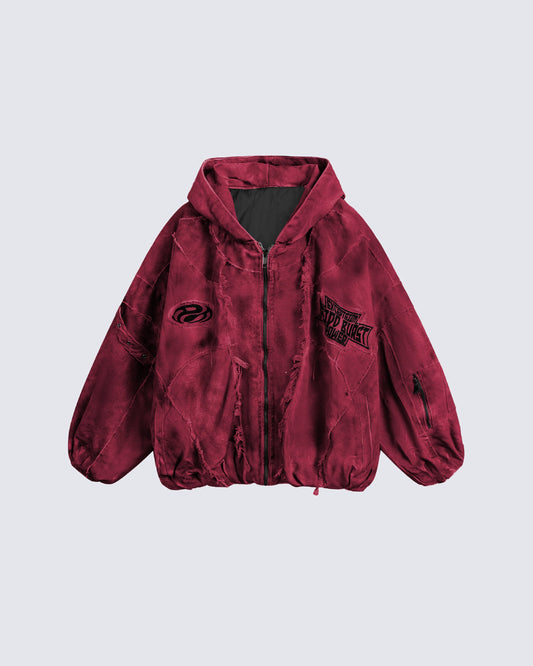 Distressed Embroidered Padded Hooded Jacket