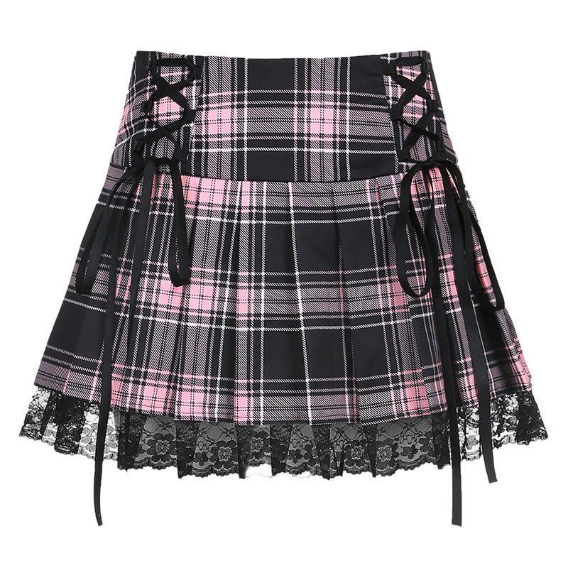 Lace-Up Plaid Pleated Skirt