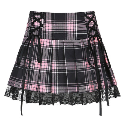 Lace-Up Plaid Pleated Skirt
