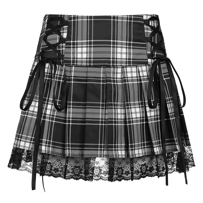 Lace-Up Plaid Pleated Skirt