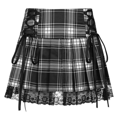 Lace-Up Plaid Pleated Skirt