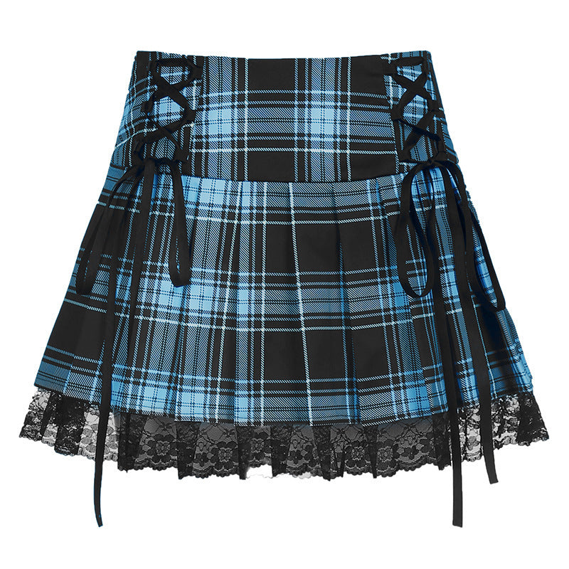 Lace-Up Plaid Pleated Skirt