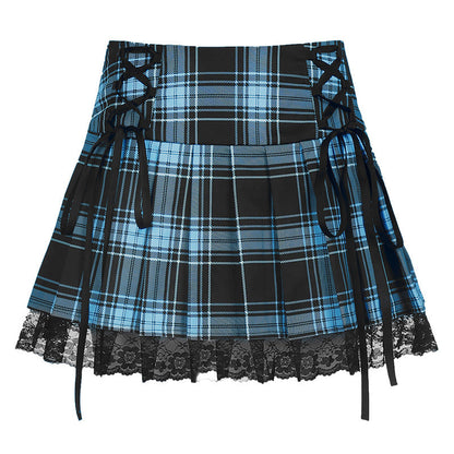 Lace-Up Plaid Pleated Skirt