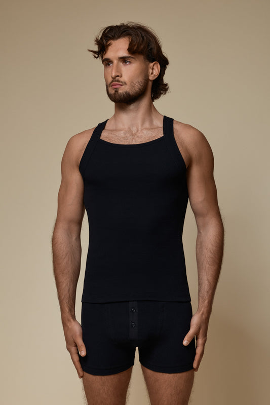 LUXURY SQUARE TANKTOP ORGANIC COTTON RIB - BLACK