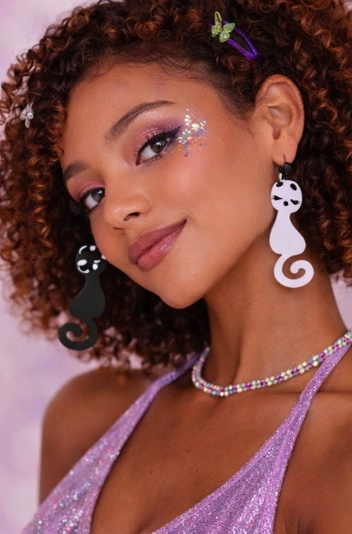 Mismatched Black & White Cat Drop Earrings
