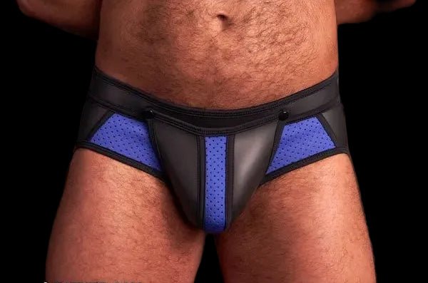 Mr S Leather Neo Air Mesh All Access Brief | Black/Blue - The Pup Play Hub