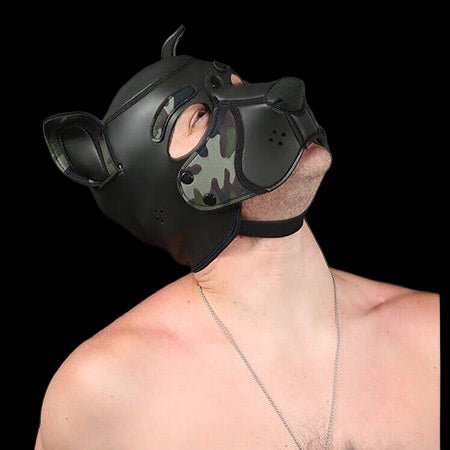 Mr S Leather NEOPRENE FRISKY Puppy Hood | Black & Camo - The Pup Play Hub